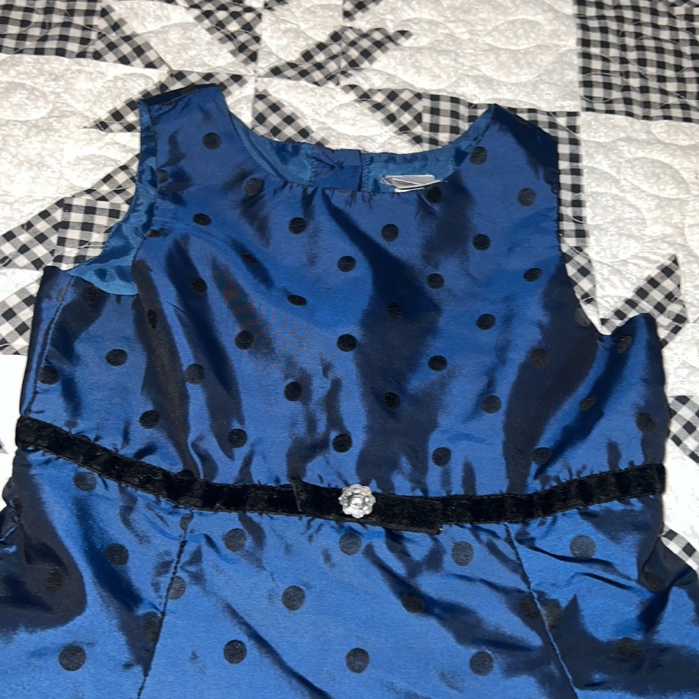 Perfectly Dressed blue with black velvet polka dots fit and flare dress size 10!